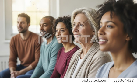 Diverse group of smiling adults sitting together in bright modern room looking forward with natural lighting and window background 135364438