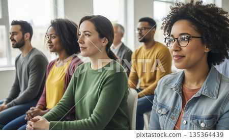 Diverse group of young professionals attending business seminar workshop training session in modern office conference room 135364439
