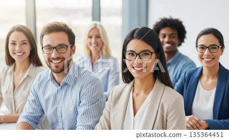 Happy diverse business team smiling at camera in modern office workplace with professional colleagues standing together 135364451