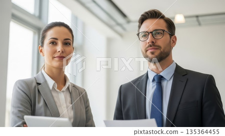 Professional asian businesswoman and caucasian businessman standing confidently in modern office with tablets looking forward 135364455