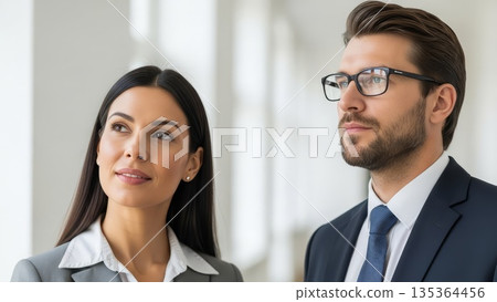 Professional asian businesswoman and european businessman colleagues looking up thoughtfully in modern bright office environment during strategic planning meeting 135364456