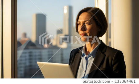 Professional Asian businesswoman with laptop looking out office window at city skyline during golden hour sunset 135364461
