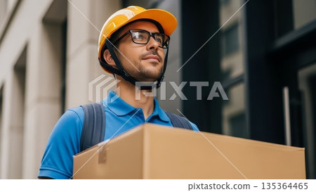 Professional Asian delivery worker wearing orange hard hat carrying cardboard package box looking up outdoors urban building background 135364465