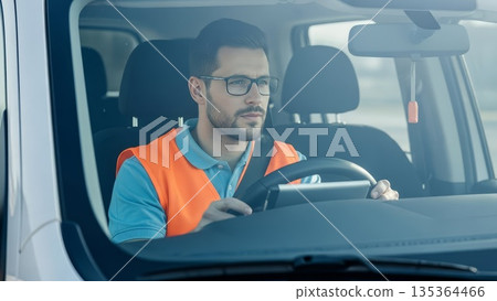 Professional Asian male delivery driver wearing orange safety vest and glasses driving white commercial van during daytime work shift 135364466