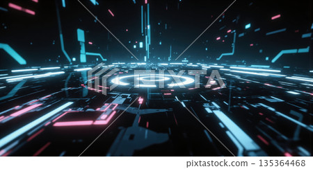 Data Streams and Metallic Grids with Soft Illuminations A clean background with flowing data streams and metallic grids, reflecting 135364468