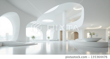 Modern White Interior Curved Walls A spacious, modern interior with polished floors and distinctive curved white walls creating a flowing 135364476