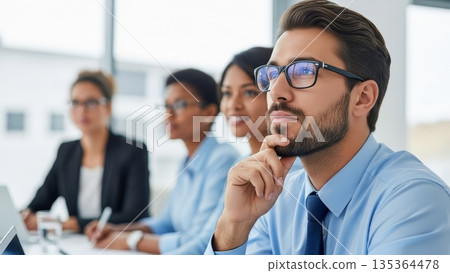 Professional bearded businessman with glasses thinking thoughtfully during corporate meeting with diverse colleagues in modern office boardroom 135364478