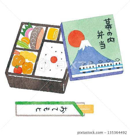 幕之內便當（日本料理）的彩色插圖 135364492