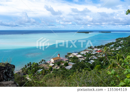 Aerial view of Vaiea village and church in Maupiti, French Polynesia Aerial view of Vaiea village and church in Maupiti, French Polynesia 135364519