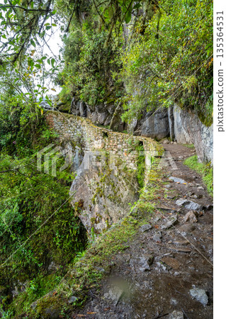 Ancient Inca trail leading to the Inca Bridge - Puente Inca - at Machu Picchu Ancient Inca trail leading to the Inca Bridge - Puente Inca - at Machu Picchu 135364531