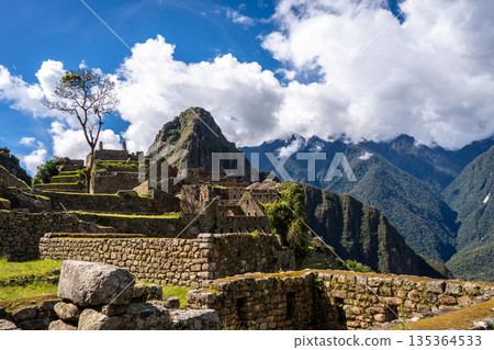 Panoramic view of Machu Picchu ruins with Huayna Picchu in background, Peru 135364533