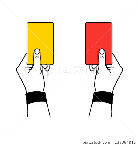 Illustration of hands holding red and yellow cards, referee warning and penalty gesture without background. Illustration of hands holding red and yellow cards, referee warning and penalty gesture without background. 135364812