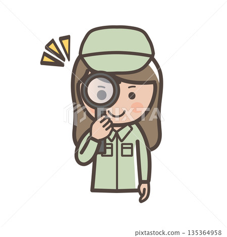 一位可愛的女工正在用放大鏡檢查某物。 一位可愛的女工正在用放大鏡檢查某物。 135364958