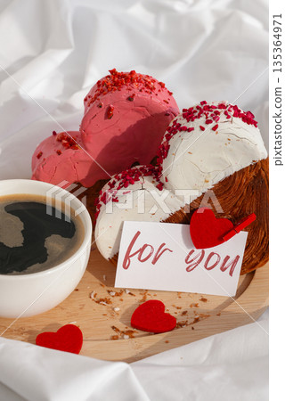 Mother's Valentine's Women's day birthday FOR YOU wishes saying caption on greeting card Coffee breakfast in rumpled bedding bed with heartshaped pastry croissant treat. Food experimentation viral 135364971
