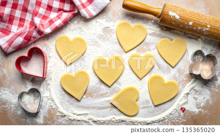 Heart-shaped dough pieces lie on a floured surface with a rolling pin and cutters Heart-shaped dough pieces lie on a floured surface with a rolling pin and cutters 135365020