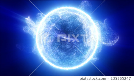 Radiant blue particle sphere surrounded by sparkling clouds and intense glowing light forming a bright cosmic core Radiant blue particle sphere surrounded by sparkling clouds and intense glowing light forming a bright cosmic core 135365247