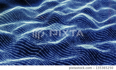 Vibrant blue digital waves made of shimmering particles form a luminous flowing futuristic field 135365250