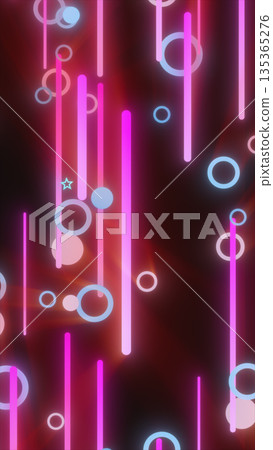 Abstract neon rings and glowing vertical light bars in bright pink and blue floating on a dark background Abstract neon rings and glowing vertical light bars in bright pink and blue floating on a dark background 135365276