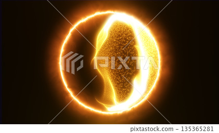 Glowing golden energy sphere with fiery plasma flow and bright digital texture, representing power, energy, and innovation 135365281