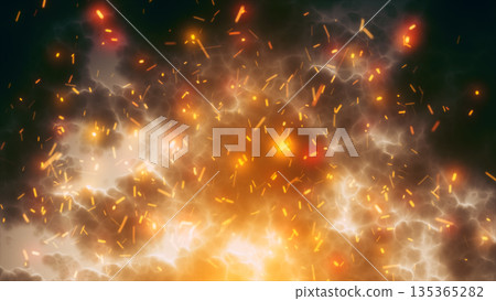 Glowing embers floating in a warm golden mist, creating a dynamic fiery atmosphere Glowing embers floating in a warm golden mist, creating a dynamic fiery atmosphere 135365282