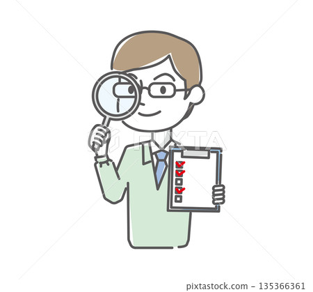 Male worker holding a checklist and a magnifying glass Male worker holding a checklist and a magnifying glass 135366361
