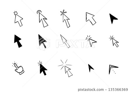 Mouse cursor arrow doodle, hand drawn pointer, click button. Hand drawn finger click. Set cute sketch digital arrow icon. 135366369