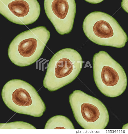 A seamless watercolor pattern featuring hand-drawn avocado halves. Perfect for stores, coffee shops, packaging, menus, branding, textiles, wrapping paper, and organic food design. A seamless watercolor pattern featuring hand-drawn avocado halves. Perfect for stores, coffee shops, packaging, menus, branding, textiles, wrapping paper, and organic food design. 135366638