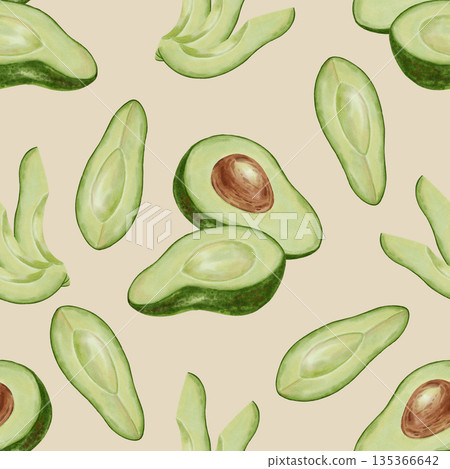 A seamless watercolor pattern with hand-drawn avocado halves and slices. Perfect for retail, packaging, menus, branding, textiles, wrapping paper, and organic product designs. 135366642