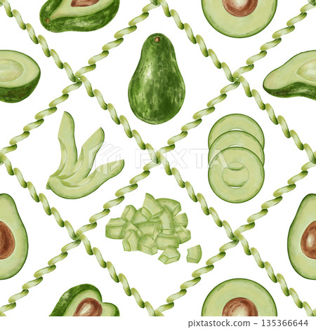 A seamless watercolor pattern featuring hand-drawn avocados in various variations: whole, halved, and sliced. Perfect for retail, packaging, menus, branding, textiles, wrapping paper, and cookbooks. 135366644
