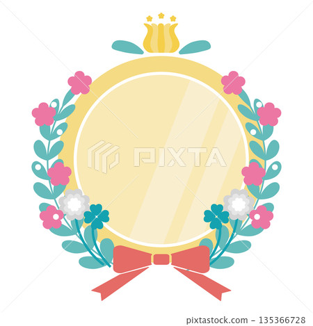 可愛的花束和緞帶（蝴蝶結）插畫邊框（金色） 135366728