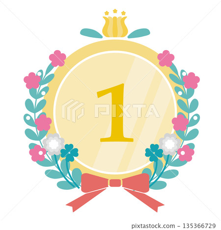 可愛的花束和緞帶（蝴蝶結）插畫邊框（金色） 135366729