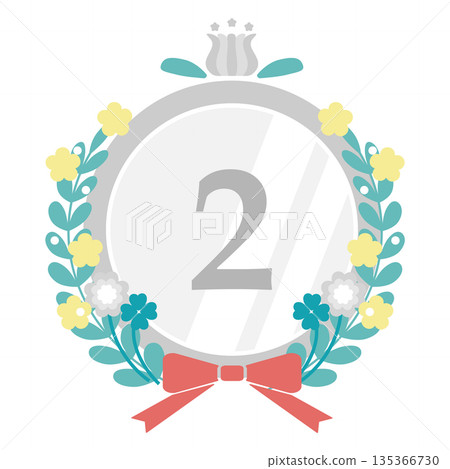 可愛的花束和緞帶（蝴蝶結）插畫邊框（銀色） 135366730