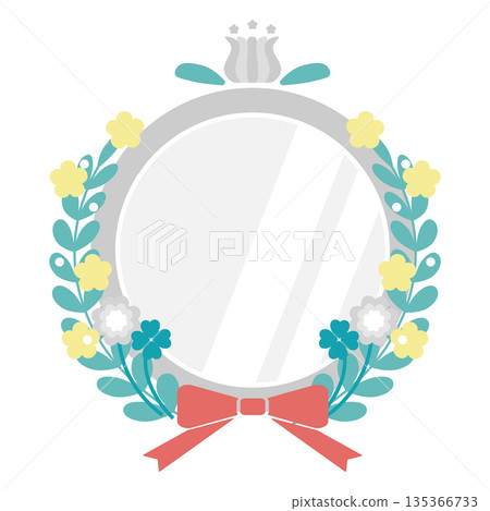 可愛的花束和緞帶（蝴蝶結）插畫邊框（銀色） 135366733