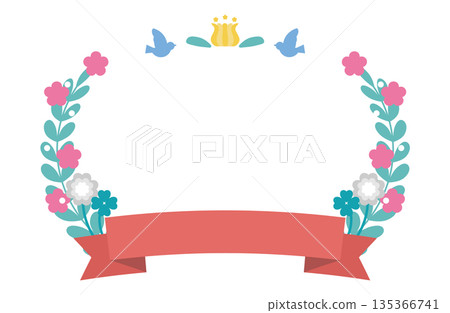 可愛的插畫框，配有花束和絲帶 135366741
