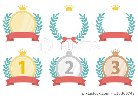 Laurel and ribbon casual top 3 icon set - award ranking material Laurel and ribbon casual top 3 icon set - award ranking material 135366742