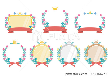 可愛的獎牌排名相框套裝，配有花束和絲帶 135366745