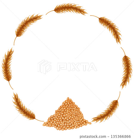 Watercolor illustration of a circular frame depicting a combination of wheat ears and grain. Perfect for bakery branding, menus, food packaging, cookbooks, recipes, harvest themes, and artisan baking Watercolor illustration of a circular frame depicting a combination of wheat ears and grain. Perfect for bakery branding, menus, food packaging, cookbooks, recipes, harvest themes, and artisan baking 135366866