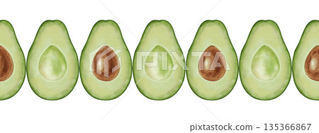 Watercolor illustration of a seamless avocado border with slices and leaves. Suitable for stores, cafes, packaging, menus, and products related to cooking, skincare, and health Watercolor illustration of a seamless avocado border with slices and leaves. Suitable for stores, cafes, packaging, menus, and products related to cooking, skincare, and health 135366867