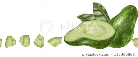Watercolor illustration of a seamless avocado border with slices and leaves. Suitable for stores, cafes, packaging, menus, and products related to cooking, skincare, and health Watercolor illustration of a seamless avocado border with slices and leaves. Suitable for stores, cafes, packaging, menus, and products related to cooking, skincare, and health 135366868