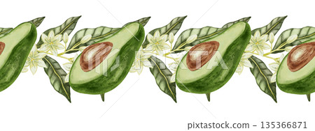 Watercolor illustration of a seamless avocado border with slices and leaves. Suitable for stores, cafes, packaging, menus, and products related to cooking, skincare, and health 135366871