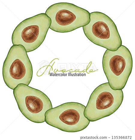 Wreath. Watercolor illustration of an avocado wreath with slices and leaves. Suitable for stores, cafes, packaging, menus, and products related to cooking, skincare, and health 135366872