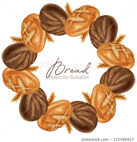 Watercolor illustration circular frame of various loaves of dark and white bread. Perfect for bakery branding, menu, food packaging, cookbooks, recipes, food markets, and cooking schools. 135366923