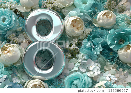 Colorful display of number eight surrounded by white and teal flowers in a vibrant arrangement 135366927