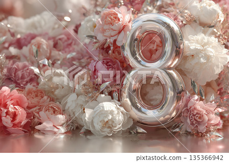 Celebration of eight years with flowers and a silver number displayed on a table Celebration of eight years with flowers and a silver number displayed on a table 135366942