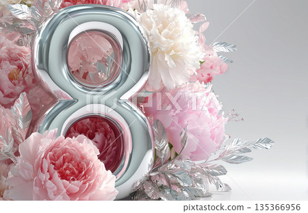 Large silver number eight surrounded by pink peonies and silver leaves on a neutral background for celebration or event Large silver number eight surrounded by pink peonies and silver leaves on a neutral background for celebration or event 135366956