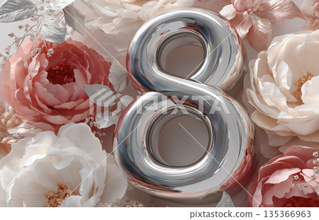 Decorative silver number eight surrounded by pink and white flowers for a celebration scene 135366963