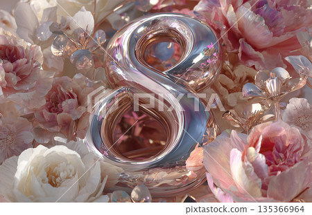 Glass figure of number eight surrounded by flowers and decorative elements on a light background 135366964