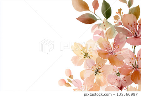 Floral arrangement with pink and peach flowers on a white background during spring season Floral arrangement with pink and peach flowers on a white background during spring season 135366987