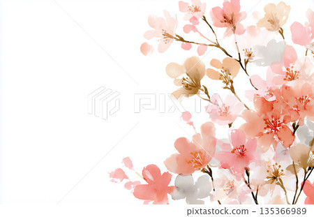 Soft pink and white flowers with green stems are arranged on a white background in a simple design 135366989