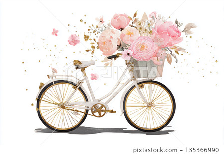 Bike with flower basket shows bright and colorful blooms in a simple design during the day 135366990